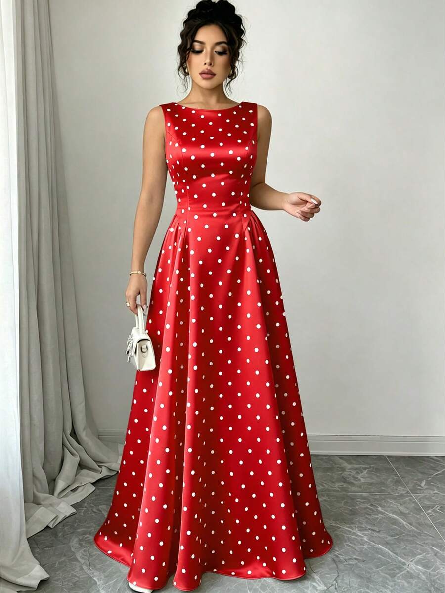 SHEIN Raffinéa Gaun Panjang Wanita Kasual Elegan Motif Polkadot Blok Warna dengan Resleting, Musim Semi/Panas - Merah - View 1
