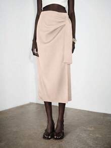 SHEIN x Tata & Beatriz Lumivelle 女款優雅深咖啡色高腰開衩綁帶百褶不對稱貼身裙，適合度假 - 粉色 - 查看 5
