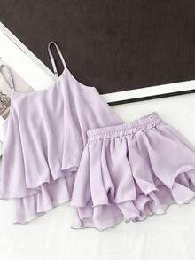 Franclia Plus Size Casual Multi-Layer Ruffle Hem Set, Camisole Top And Pants, Comfortable Everyday Wear - Mauve Purple - View 3