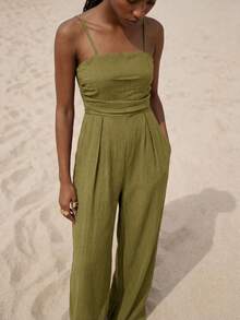 Zivah Women Olive Green Summer Casual Vacation Holiday Jumpsuit, Spaghetti Strap Front Ruched Real Pockets Loose Wide Leg Pants, Vertical Texture Fabric - Army Green - View 5
