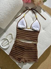 Bonvoyette 2026 New Women's Summer Beach Vacation Two-Piece Bikini Set, Special Striped Textured Fabric, Spaghetti Straps, Spaghetti Strap, Beaded Hollow Triangle Backless Sexy Solid Color Ruched Starfish Applique Tank Top And Bikini Bottoms - Brown - View 2