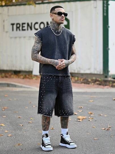 Devon Thys Men's Washed Rhinestone Embellished Casual Shorts