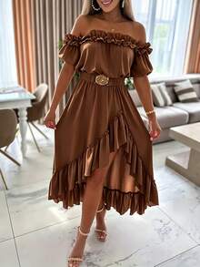 Louniche Summer Elegant Solid Color Off-Shoulder Ruffle Hem Dress - Coffee - View 3