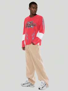 FORM&CHAOS Men's Red Patchwork Print Contrast Color Streetwear T-Shirt - Red and White - View 4