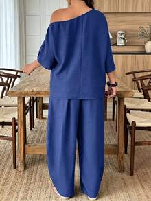 Weeklong Women's Plus Size Spring/Summer Casual Vacation Asymmetric Shoulder Loose Curved Leg Pants 2 Pieces Set, Suitable For Daily And Vacation Wear Fall - Blue - View 2