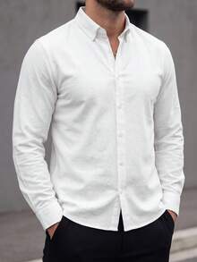 Manfinity CasualCool 男士輕商務風百搭白色棉質紋理長袖襯衫，成熟休閒通勤百搭辦公穿搭 - 白色 - 查看 5