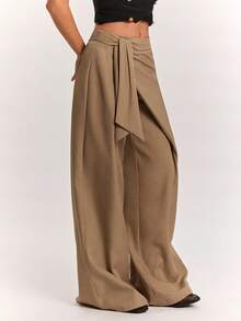 SHEIN BAE Women's Casual Commute Khaki Asymmetrical Placket Wide Leg Long Pants, Casual Long Pants, Daily Streetwear Long Pants, Back To School Long Pants, Autumn Long Pants, Airport, Khaki Long Pants - Khaki - View 6