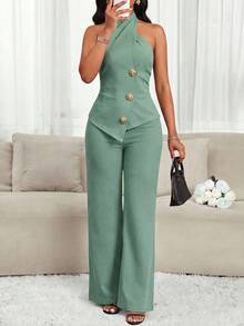 SHEIN Lady 女士绿色不对称下摆露背上衣和长裤优雅两件套 - 綠色 - 查看 1