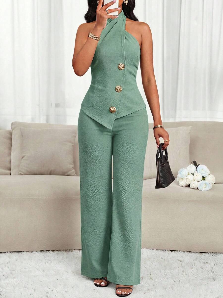 SHEIN Lady 女士绿色不对称下摆露背上衣和长裤优雅两件套 - 綠色 - 查看 1
