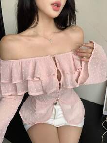 Joudiya 女款優雅粉色雪紡露肩長袖上衣，附荷葉邊飾，適合夏季婚禮、宴會、派對及正式場合外出的上衣 - 粉色 - 查看 2