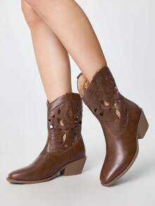 ROMWE Fairycore Women's Brown Western Style Boots, Pointed Toe V-Cut Thick Heel Embroidered Boots, Low Heel Wooden Sole Shoes, Zipper Riding Boots And Ankle Boots Spring Collection - Brown + Hollow - View 3