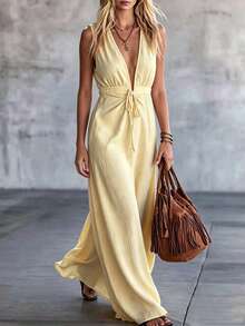 Breezaya Women's Fashionable High-End V-Neck Tie Ruched Sleeveless Casual Tropical Boho Dress,Pale Yellow,Summer,Holiday,Vacation,Beach,Versatile Long Dress - Apricot - View 2