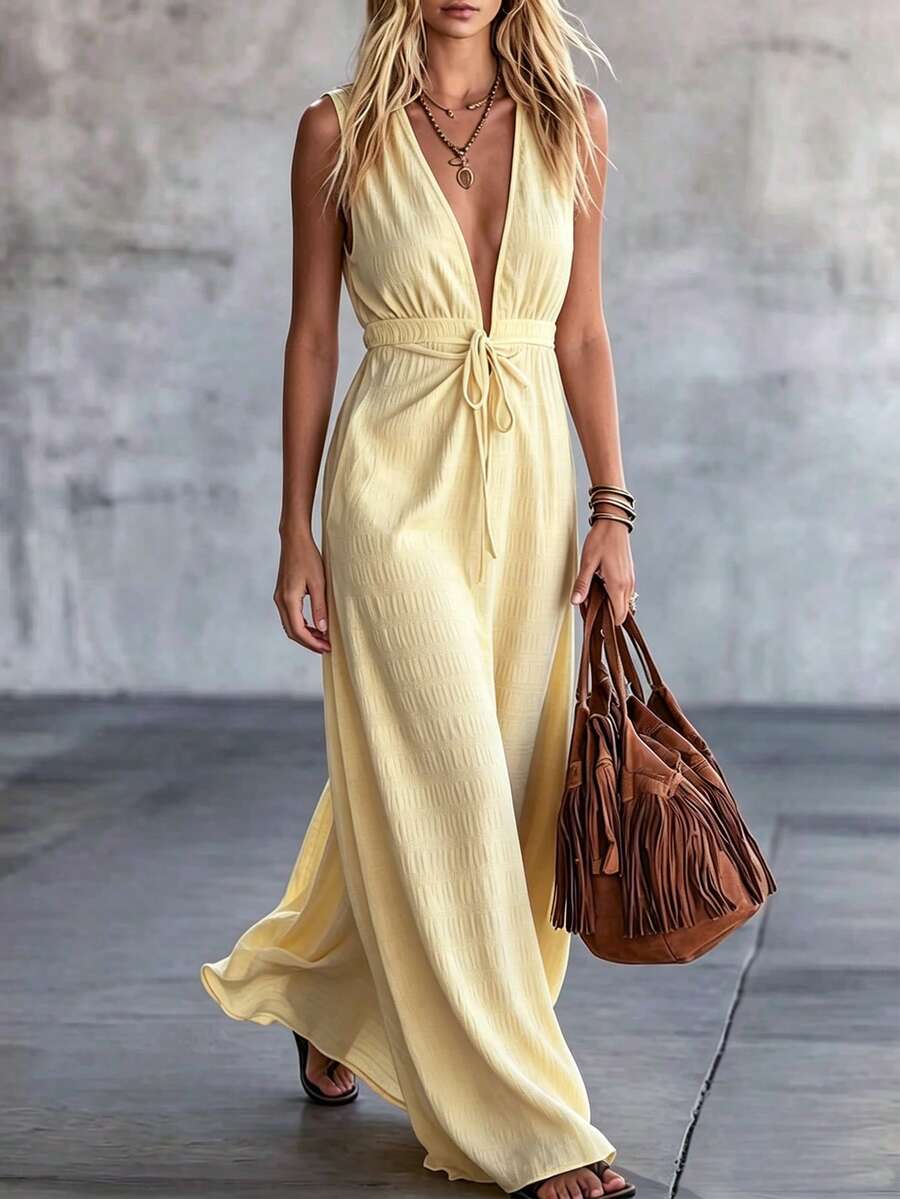 Breezaya Women's Fashionable High-End V-Neck Tie Ruched Sleeveless Casual Tropical Boho Dress,Pale Yellow,Summer,Holiday,Vacation,Beach,Versatile Long Dress