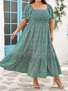 SHEIN CURVE+ Plus Size Curve Size US22 Music Festival, Seaside Vacation, Bohemia Ditsy Floral Vacation Casual Dress, Waist Cinched With Ruffle Hem Bohemian Curve Casual Summer Dress For Women - Green - View 2