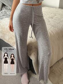 Livesso Tall Women's Elastic Waist Lace Patchwork Drawstring Tie Elastic Floral All-Over Print Urban Casual Long Pants - Light Grey - View 4