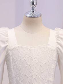 White Lace Trim Square Neck A-Line Skirt, Waist-Cinching Short Style, Bridesmaid / Light Wedding / Casual Date - White - View 3