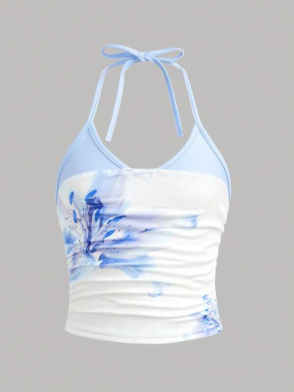 Girlism Kids Tween Girl Spring/Summer New Strapless Blue Patchwork Large Hibiscus Floral Print Cute Sweet Minimalist Comfortable Ruched Elastic Slim Fit Casual Bandeau Top, Sweet Top