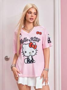HELLO KITTY AND FRIENDS | SHEIN 女款字母卡通印花V領短袖休閒T恤 - 淺粉色 - 查看 3