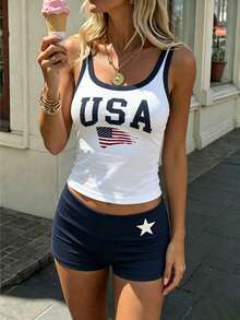 SHEIN Holidaya Summer Independence Day Women's 2 Pieces Set, Independence Day Women's Tank Top And Women's Shorts, USA Flag Print T-Shirt And Print Shorts - Blue and White - View 1