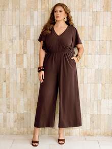 Roveilla Plus Size Women's Solid Color V-Neck Button-Up Waist-Cinching Elastic Adjustable Loose Wide Leg Long Pants Umbrella Sleeve Short Sleeve Brown Jumpsuit - Brown - View 6
