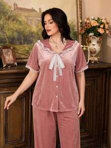 PalaceNights Autumn/Winter Velvet Lace Patchwork Plus Size 2 Pieces Pajama Set - Pink - View 2