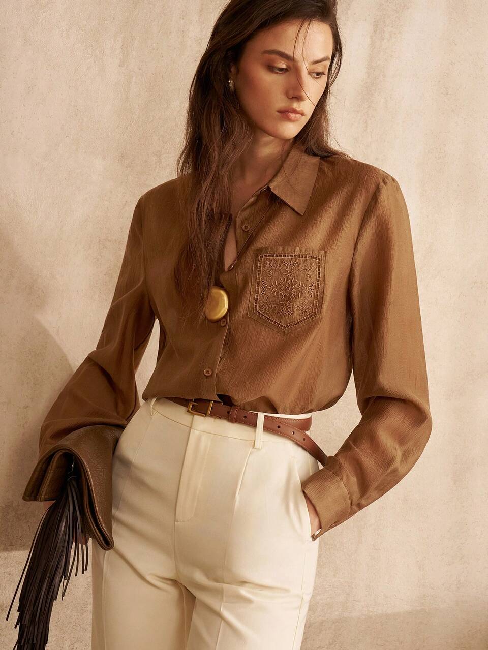 MOTF AUTUMN/WINTER WOMEN'S FASHION COMMUTER EMBROIDERED SILK BLOUSE