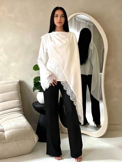 SHEIN New Elegant Commuter Bell Sleeve Lace Patchwork Women's Blouse