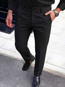 Calvornis Pantalones de traje formales de unicolor para hombres con bolsillos oblicuos, cinturón no incluido, estilo Old Money, ceremonia - Negro - Ver 8
