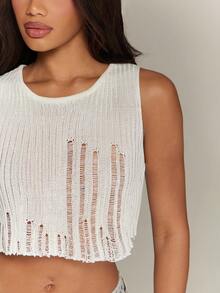 Denimoi Women's Spring/Summer Solid Color Sexy Cropped Sleeveless Crochet Knit Sweater Top - White - View 5