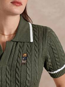 Briarwyn 女款時尚熊刺繡短袖針織上衣，適合日常穿著 - 軍綠色 - 查看 2