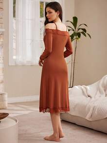 Moireta Women's French Elegant Mature Lace Patchwork Off-Shoulder Long Sleeve Cinched Waist A-Line Maxi Nightgown - Brown - View 2