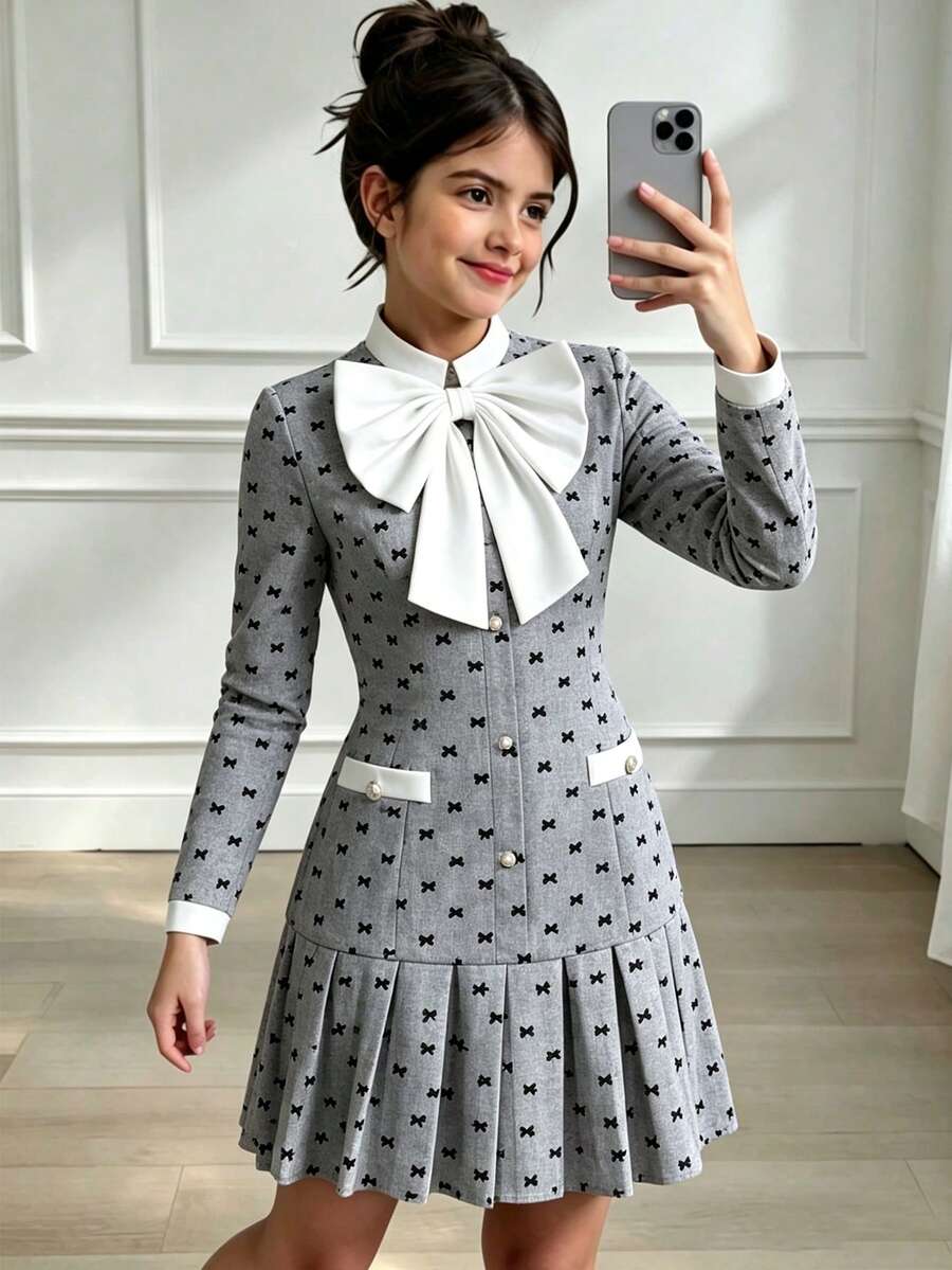 SHEIN 少女 3D 蝴蝶結裝飾 百褶下擺 小立領公主裙 優雅秋季休閒日常穿搭 - 灰色 - 查看 1
