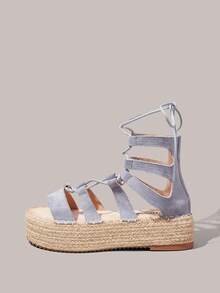 Styleloop Ladies Bohemian Vacation Flannel Lace-Up Hemp Rope Platform Sandals - Gray blue - View 3