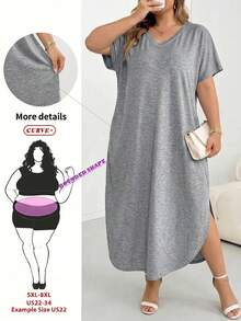 SHEIN CURVE+ 大码女式春夏时尚休闲通勤口袋设计侧开衩连衣裙 - 灰色 - 查看 1