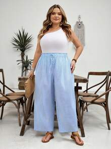 SHEIN CURVE+ Curve Size US22音樂節、海邊度假、波希米亞休閒純色寬鬆長褲，夏季/鄉村/海灘度假穿搭/海灘穿搭/海灘服飾 - 藍白色 - 查看 6