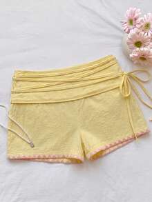 Comfortcana 新款春夏女款多巴胺奶油黃打結休閒短褲，適合多種場合，包括節慶、海灘、度假、夏季假期和鄉村音樂會 - 黃色 - 查看 3