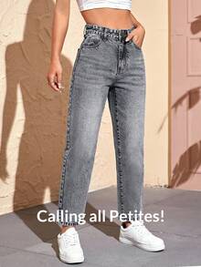 SHEIN PETITE Women's Casual Everyday Pockets Button Denim Jeans ,Petite Women - Grey - View 6