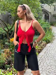 Jeta Ari Women's Ruffle Mesh Patchwork Tie-Front Camisole Casual Red - Red - View 3