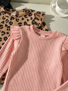 SHEIN 3件組女童幼兒秋冬時尚嬰兒粉色＋經典純黑色荷葉袖圓領長袖打底T恤返校上衣 - 彩色 - 查看 11
