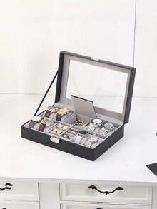 Unisex Black Desktop Watch Jewelry Storage Box 1PC, Dustproof Waterproof Anti-Scratch Display Case For Watch Necklace Ring Earring Bracelet, Back To School Essential - Grey - View 6