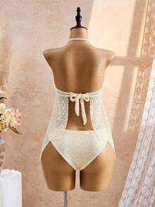Swim Mod Setelan Pakaian Renang Wanita Elegan untuk Liburan Musim Panas, Atasan Bikini Halter Berkerut Depan dari Kain Rajut Jacquard Warna Polos dengan Efek Pelangsingan dan Bawahan Bikini Segitiga Biasa - Aprikot - View 5