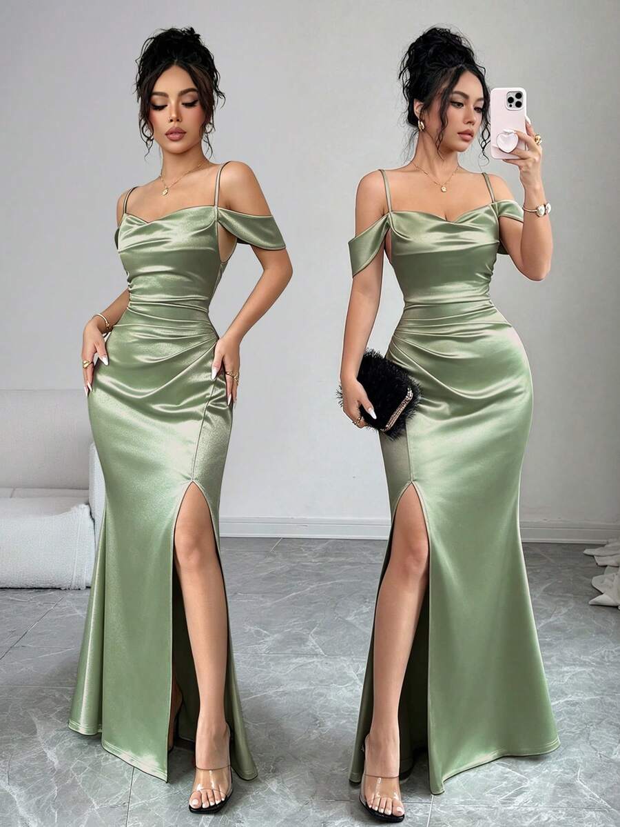 Elenzga Women's Summer Elegant Solid Color Off-Shoulder Spaghetti Strap High Slit Dress - Mint Green - View 1