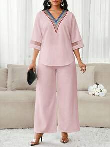 SHEIN Lady 女款夏季休閒對比色領襯衫與長褲兩件套 - 藕粉色 - 查看 3
