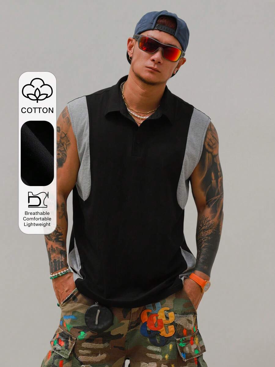 DAZY 男士無袖 Polo 領黑灰拼接撞色 T 恤 夏季款 - 彩色 - 查看 1