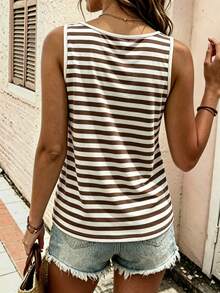 EMERY ROSE Plus Size Women's Comfortable Color Block Striped Pattern Round Neck Button Top, Round Neck Comfortable Camisole Tank Top, Suitable For Daily Casual Wear - Multicolor - View 2