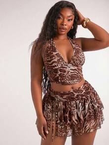 Radiana Plus Size Multicolor Animal Print Two Piece Halter Top And Layered Skirt Set For Women's Summer Outfits - Multicolor - View 5