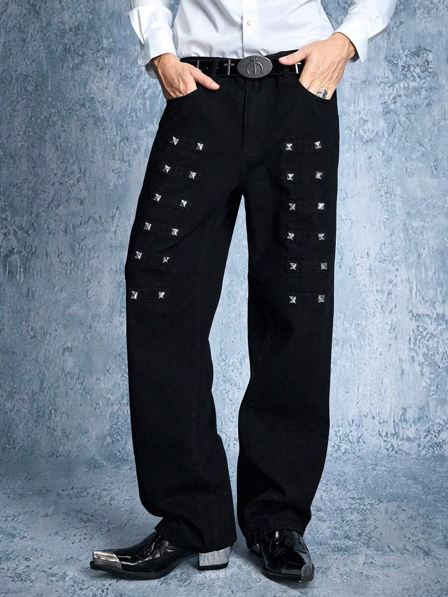 ROMWE MEN Street Life Jeans en denim avec décoration de rivets, mode homme - Noir - Voir 1