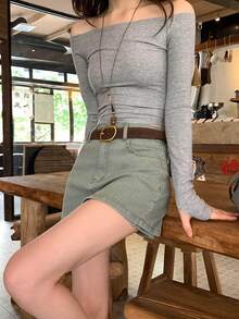 DAZY 女款夏季休閒水洗牛仔短褲 - 卡其色 - 查看 4