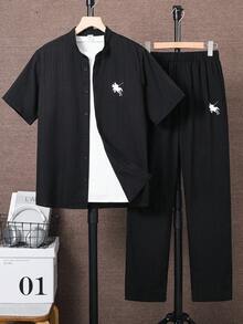 SHEIN 2件組青少年男孩寬鬆版型彩色拼接小馬Logo印花立領短袖針織上衣與長褲套裝，適合生日派對、晚會、表演、婚禮、洗禮、開幕式、日常穿著、校園穿著、旅行穿著、運動穿著，春/夏 - 黑色 - 查看 3