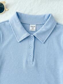 SHEIN 兒童青少年女孩針織拼色水藍色 Polo 短袖 T 恤與裙子休閒套裝 80 年代運動風端莊老錢風 返校季校園網球風 - 藍色 - 查看 6